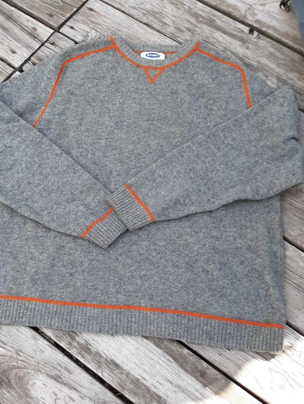 Old Navy Men’s Gray Crewneck Sweater with Orange Piping 100% Lambswool XXL
